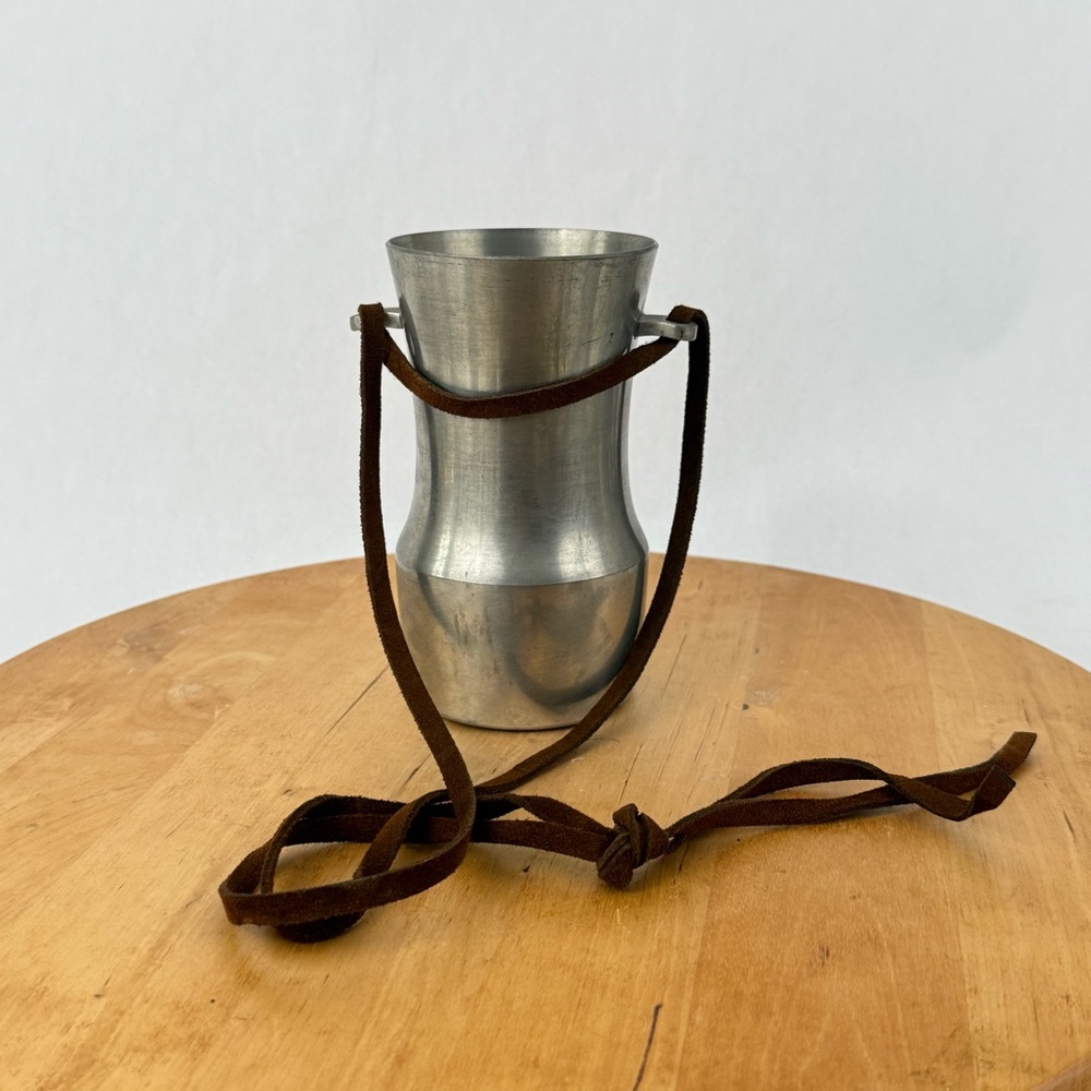 Vintage Towle Newburyport Pewter Mug Cup with Leather Strap Water Metal Carrier